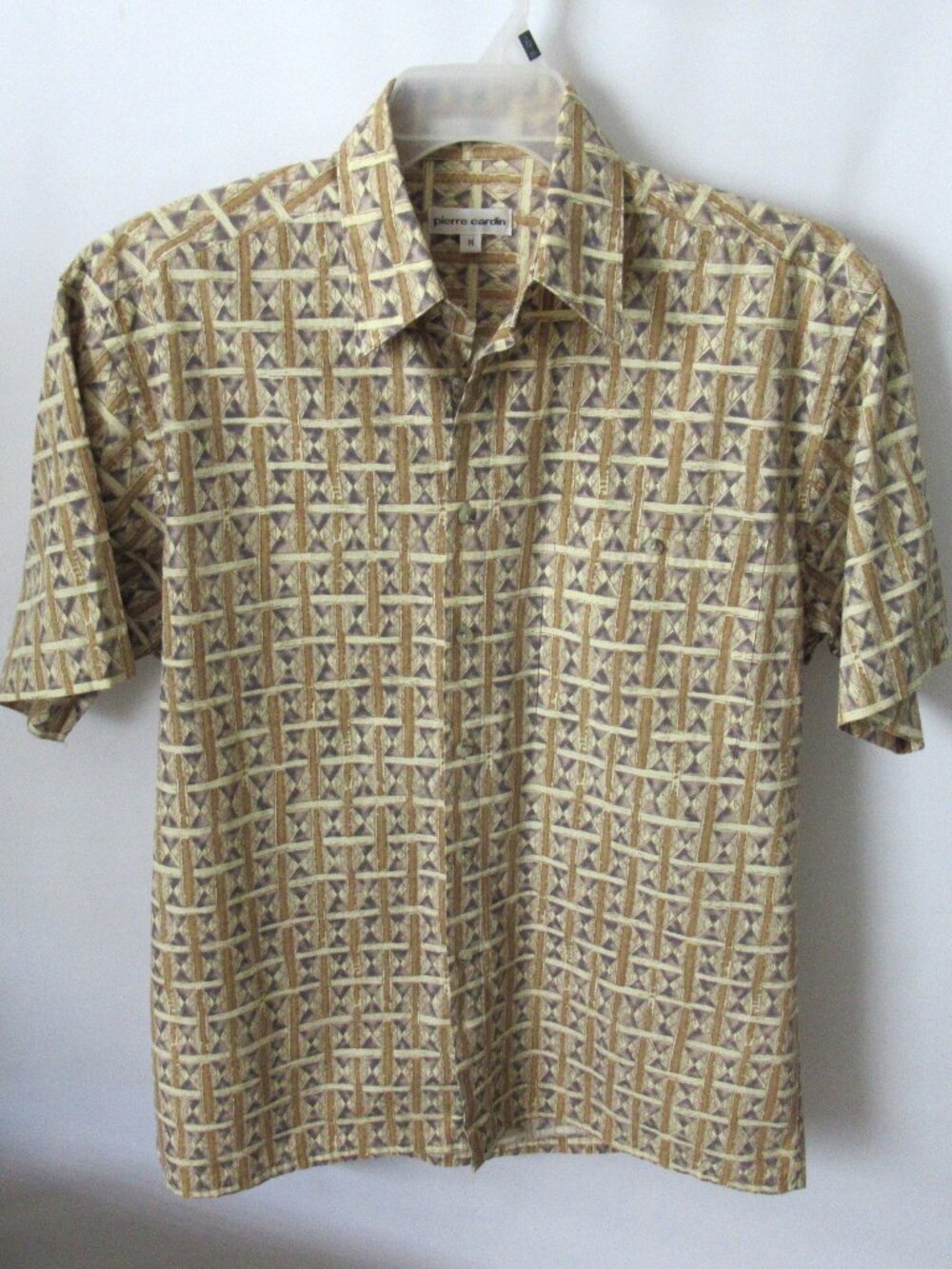 Pierre Cardin beige gray geo 100% cotton men's short sleeve casual shirt *Sz M*
